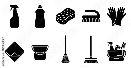 This set of black and white vector icons displays essential cleaning supplies, perfect for illustrating home or commercial cleaning services and product concepts.