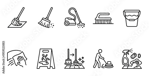 A minimalist vector line art set showcases essential cleaning tools and actions including mops, vacuums, buckets, brushes, and sanitation symbols for hygiene and household tasks.