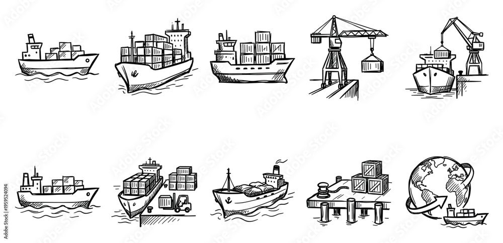 Fototapeta premium A collection of hand-drawn illustrations depicting cargo ships, containers, cranes, and a globe, symbolizing global logistics and shipping.