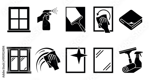 A set of black vector icons illustrating various aspects of window cleaning, including sprays, squeegees, cloths, and clean windows.
