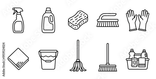 A collection of black and white line art icons representing various cleaning tools and supplies, perfect for illustrating household chores and hygiene.