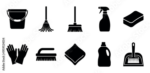 This is a collection of black silhouette icons representing various cleaning tools and supplies, isolated on a clean white background.