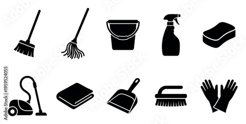 A collection of black silhouette icons representing essential cleaning tools like brooms, mops, buckets, sponges, and gloves on a white background.