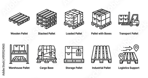 Collection of line art icons illustrating various types of pallets used in logistics, warehousing, and transport, with a forklift and shipping boxes.