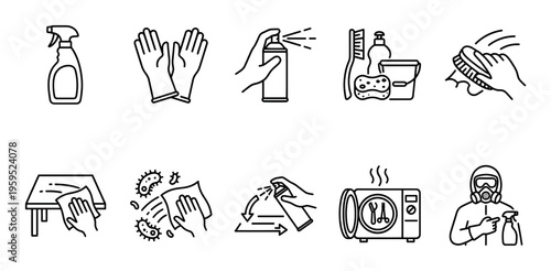 Collection of clean line art icons representing various cleaning and hygiene activities, from disinfection and sanitization to personal protection.