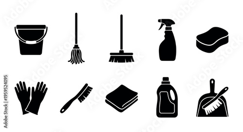 A collection of black icons representing various cleaning tools and supplies including a bucket, mop, broom, spray bottle, sponge, gloves, brush, cloth, detergent, and dustpan.