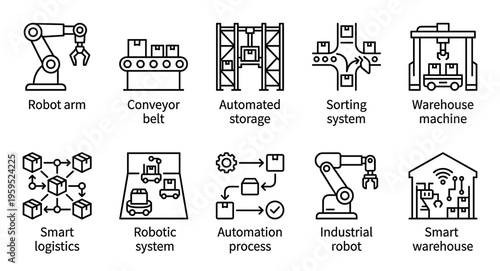 A collection of clean line art icons representing various aspects of industrial automation, including robots, conveyor belts, and logistics systems.