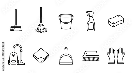 A minimalist line art collection of essential cleaning tools, including a broom, mop, bucket, spray bottle, sponge, vacuum, cloth, dustpan, brush, and gloves.
