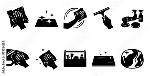 A collection of black and white icons representing various cleaning tasks and tools, including hands with cloths, squeegees, polishers, and cleaning supplies.