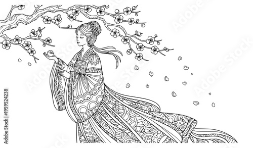 Elegant Chinese Plum Blossom Scene Adult Coloring Page Vector Art