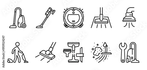 A collection of simple black outline icons depicting various types of vacuum cleaners and cleaning tools against a white background.