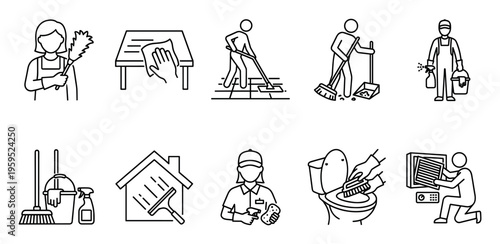 A collection of clean line art icons depicting various household cleaning tasks and tools, perfect for illustrating domestic services and hygiene.
