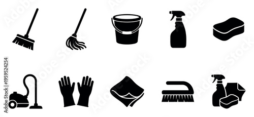 A collection of black silhouette icons representing various cleaning tools, including brooms, mops, buckets, spray bottles, sponges, gloves, and a vacuum cleaner, all on a white background.