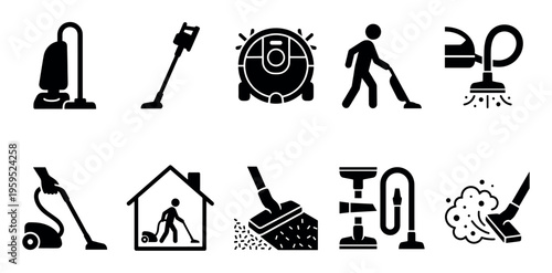 A collection of diverse black vector icons representing various types of vacuum cleaners and cleaning actions, ideal for web design, apps, and print materials.