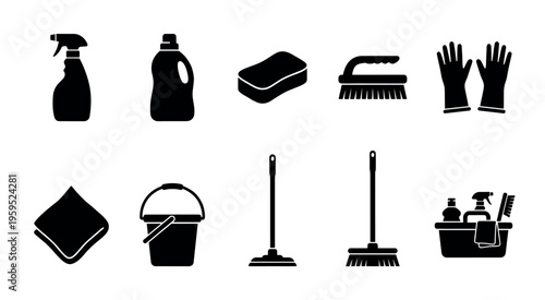 A collection of black silhouette icons representing various cleaning supplies such as spray bottles, detergent, sponges, brushes, gloves, a bucket, and mops.