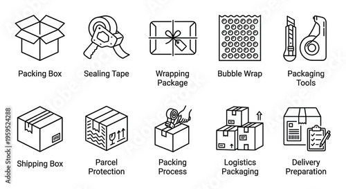 A collection of flat line art icons representing various aspects of packaging, shipping, and logistics, including boxes, tape, bubble wrap, and preparation tools.
