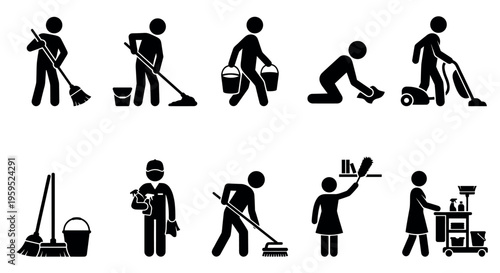 A collection of black silhouette icons depicting various cleaning activities and tools, ideal for illustrating household chores, professional services, or hygiene concepts.