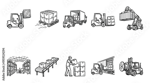 A collection of black and white hand-drawn icons illustrating various warehouse and delivery operations, including forklifts, trucks, boxes, and conveyor belts.