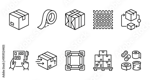 A collection of simple outline icons representing shipping and packaging elements like boxes, tape, and loading pallets.