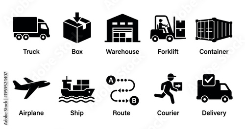 A collection of simple black silhouette icons representing various aspects of logistics and transportation, including a truck, box, warehouse, forklift, container, airplane, ship, route, courier.