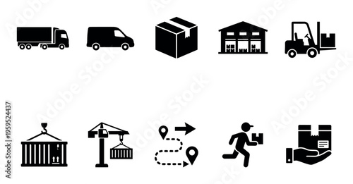 A clean, graphic set of black icons representing various aspects of logistics, including trucks, vans, boxes, warehouses, forklifts, cranes, routes, and delivery people.