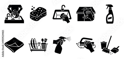 A collection of black and white icons depicting various household cleaning tasks including washing dishes, scrubbing, wiping surfaces, and sweeping debris.