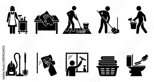 A collection of black and white pictogram icons depicting various household cleaning tasks, including mopping, sweeping, dusting, and laundry, suitable for design and illustration.