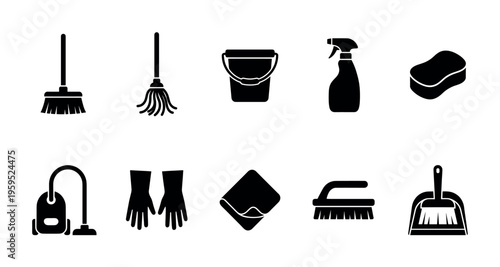A black and white graphic illustration featuring a collection of common household cleaning tools and supplies arranged in two rows.