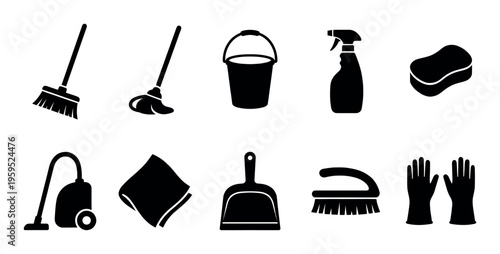 A collection of black silhouette icons representing various cleaning tools including a broom, mop, bucket, spray bottle, sponge, vacuum, cloth, dustpan, brush, and gloves.