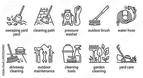 A set of simple line icons depicting various outdoor cleaning tools and yard maintenance tasks like sweeping, pressure washing, and gardening.