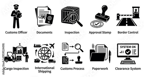 This graphic collection features black and white icons representing customs officer, documents, inspection, approval stamp, border control, cargo, international shipping, customs process, paperwork.