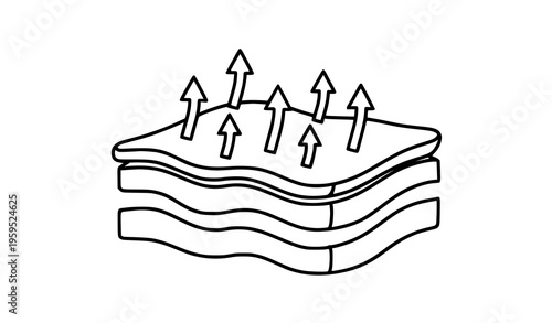 Breathable textile icon with airflow arrows through fabric layers monochrome vector emblem