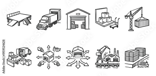A collection of simple, hand-drawn icons depicting various elements of a logistics and supply chain process, including trucks, warehouses, cranes, and shipping containers.