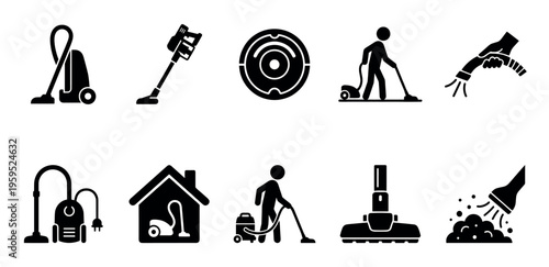 A collection of black and white vector icons representing various types of vacuum cleaners and cleaning actions, ideal for illustrating home maintenance and chores.