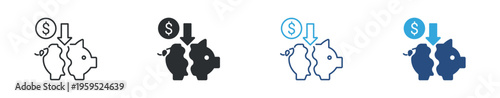 Financial risk and loss icon set. Broken piggy bank, money loss and economic crisis concept. Vector illustration.
