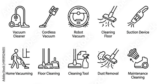 A collection of clean, black line art icons illustrating various cleaning tools including different vacuum cleaner types, brooms, dustpans, and spray bottles for home maintenance.