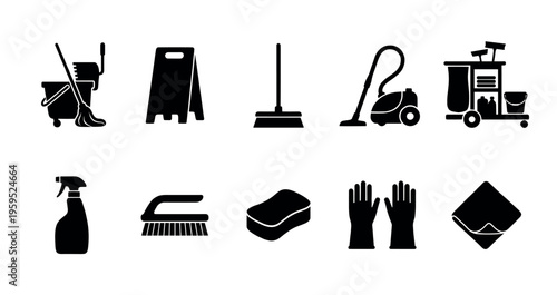A collection of black silhouette icons representing various cleaning supplies and equipment, ideal for hygiene and janitorial service themes.