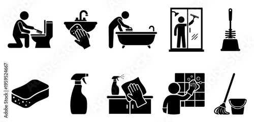 Collection of black and white icon illustrations depicting various house cleaning tasks and tools, perfect for illustrating hygiene, home maintenance, and services.