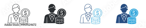 Investor and wealth management icon set. Business person with money stack, finance and investment concept. Vector illustration.