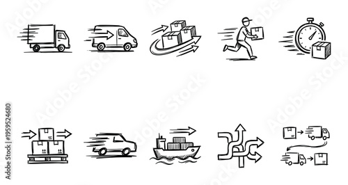 Hand-drawn sketch icons represent various aspects of fast shipping and delivery services, including trucks, vans, boxes, a running person, and a stopwatch.