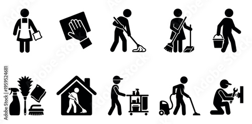 Collection of black and white pictogram icons representing various cleaning services, housekeeping, and maintenance tasks with simple figures and tools.