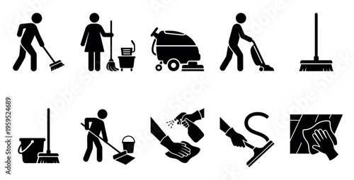 A graphic set of clean, black and white vector icons representing various cleaning activities, tools, and services for household and commercial use.