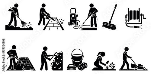 This black and white illustration shows various pictogram-style figures engaged in outdoor chores like sweeping, leaf blowing, pressure washing, and gardening.