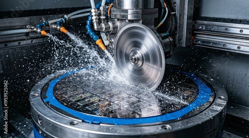 Close-up captures an automated high-speed dicing saw fiercely slicing a finished semiconductor wafer surrounded by purified cooling water.