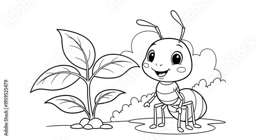 Cartoon ant smiling near plant vector illustration isolated white background