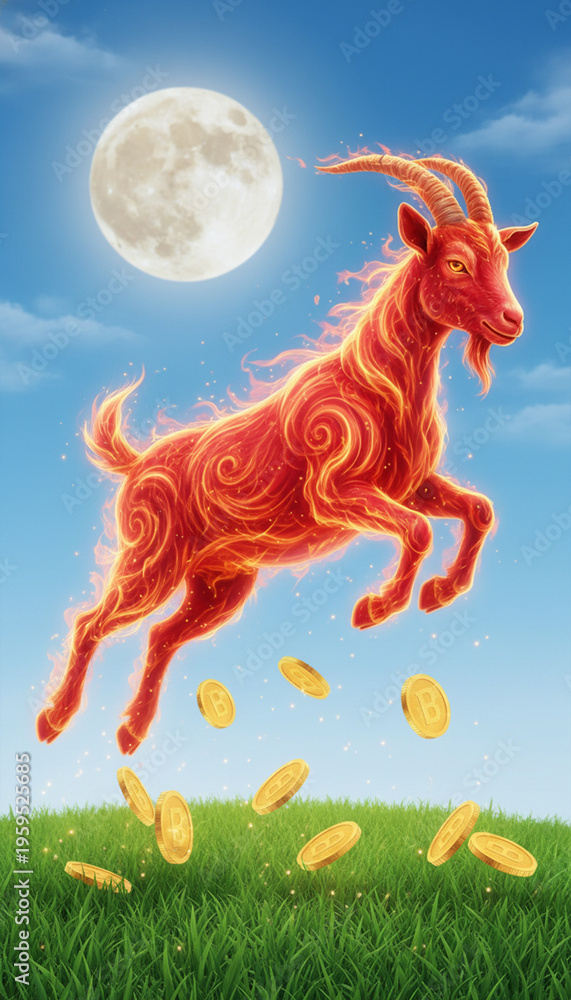 Obraz premium Fire Goat silhouette under full moon Chinese zodiac Year of the Goat 2027 Lunar New Year night sky astrology illustration