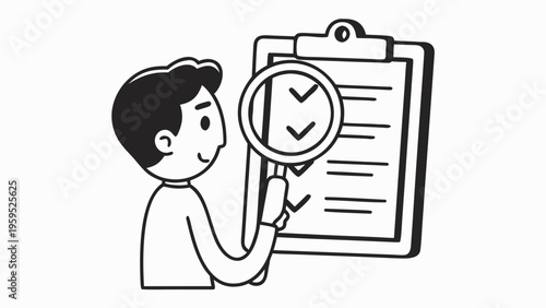 Cartoon man examines checklist with magnifying glass verifying tasks on clipboard closely