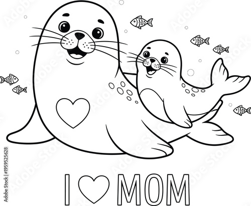 Cute seal and pup illustration for mother's day