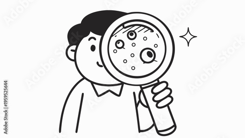 Boy examining something with a magnifying glass curious and focused on details black and white line illustration