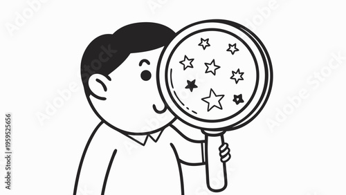 Black and white vector illustration of a smiling child holding a magnifying glass with stars